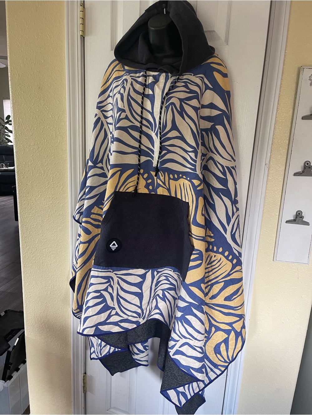 Hooded Swim Coverup Poncho in Blue, Cream & Gold Leaf Print UNISEX